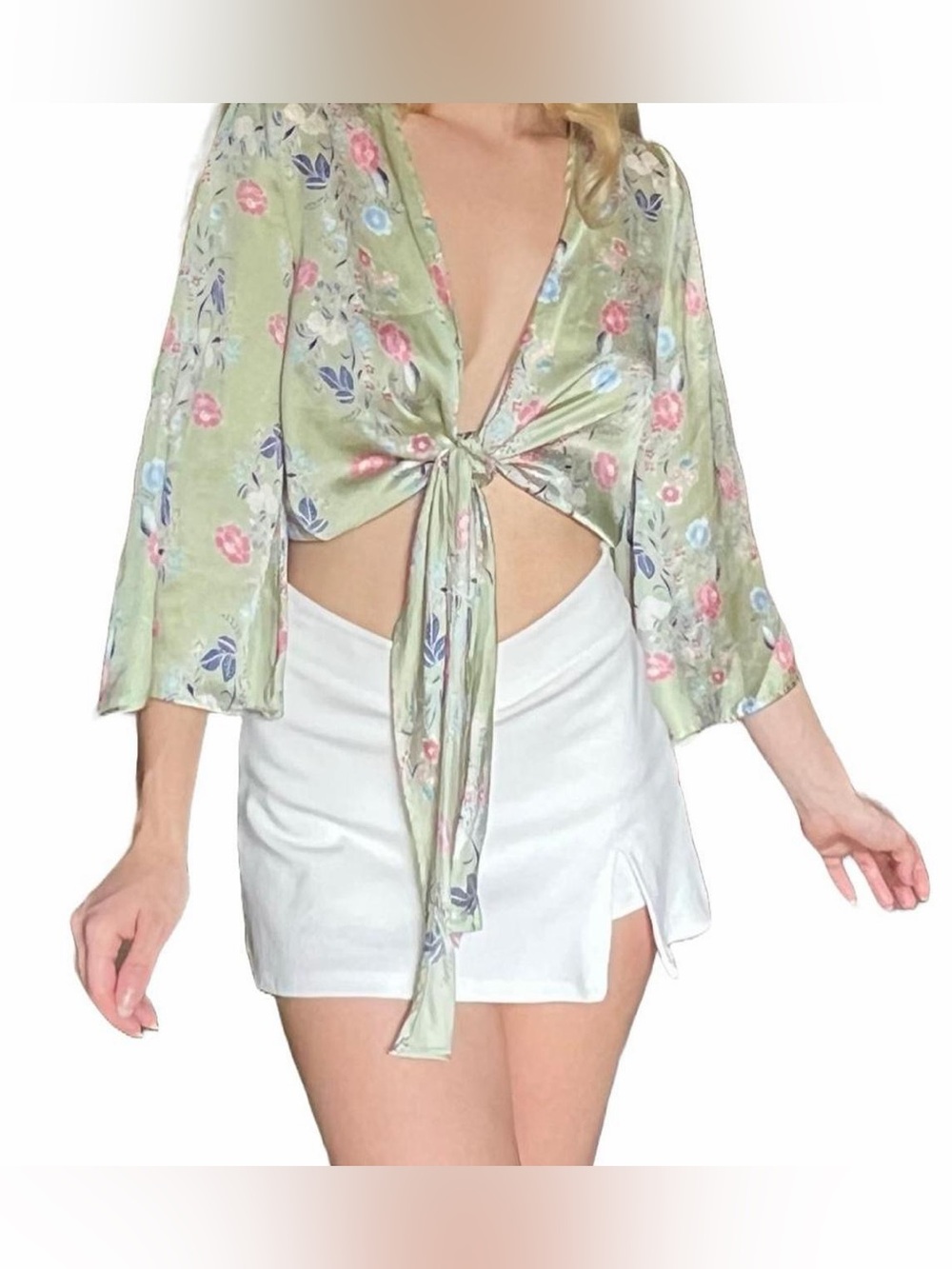 Fore Collection Floral Front Tie Blouse